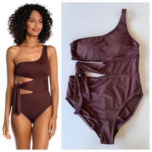 NWT La Blanca Island Goddess Cutout One Shoulder One Piece in Java Brown Size 14